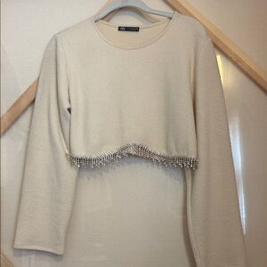 Zara Cream Ribbed Cropped Top with Beaded Fringe Hem